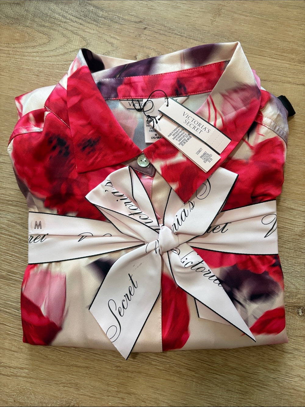 New Victoria's Secret Red & Pink Floral Satin PJs Pajama Set Medium